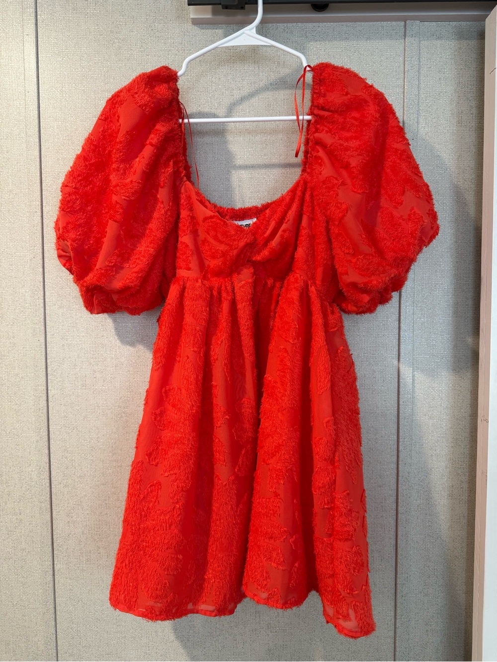 Textured Puff-Sleeve Mini Dress in Coral